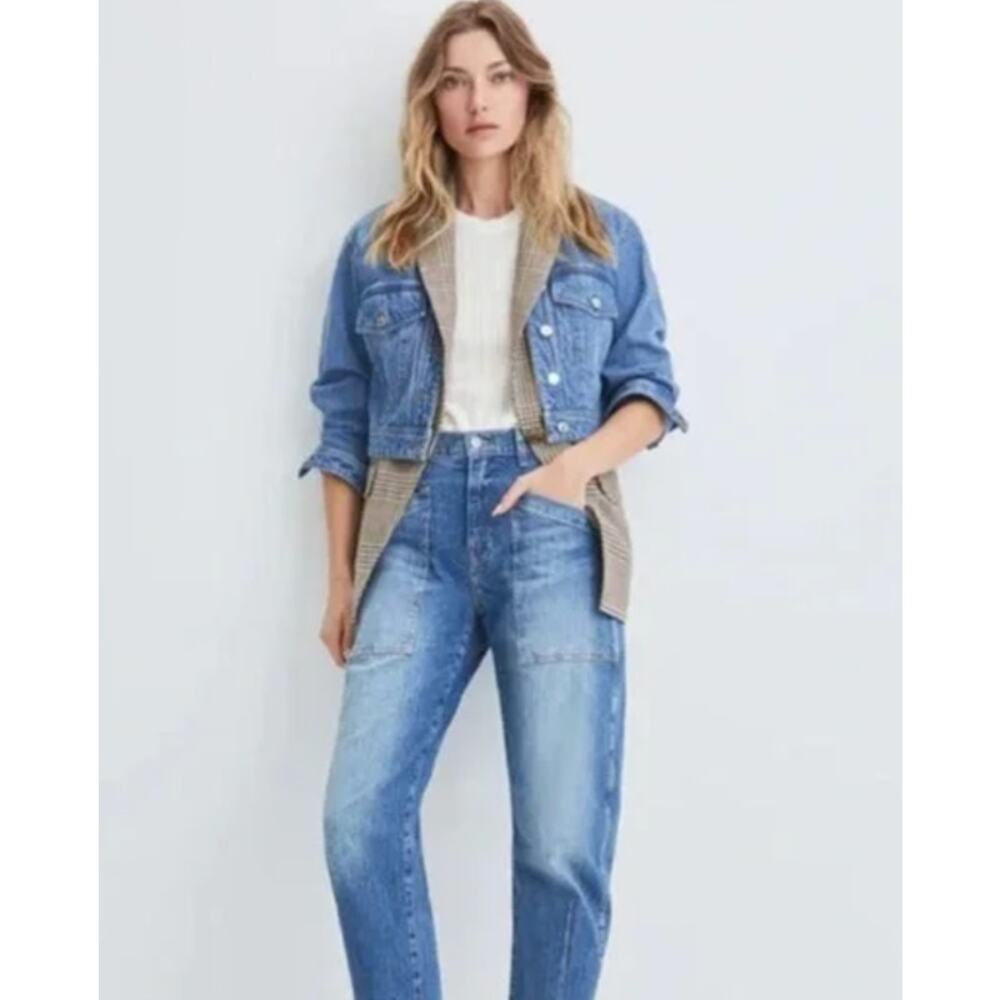 Veronica Beard Blue Denim Jacket with Beige Plaid Trim
